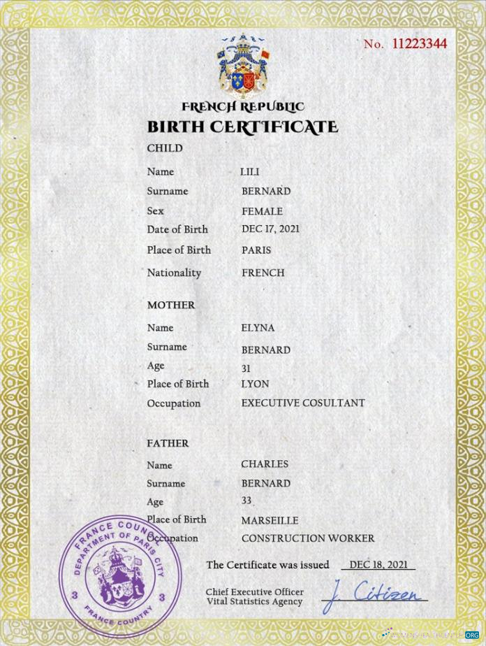 Download France vital record birth certificate PSD template Photoshop template